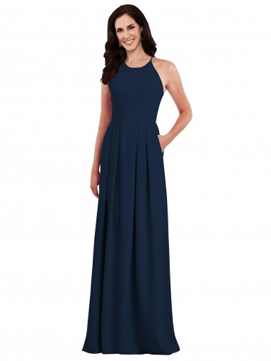 Affordable Trumpet Halter Neck Stretch Crepe Long Dark Navy Semi Formal Evening Dress Canada
