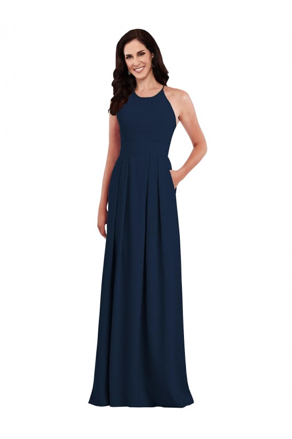 Affordable Trumpet Halter Neck Stretch Crepe Long Dark Navy Semi Formal Evening Dress Canada