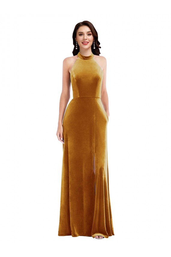 Affordable Trumpet High Neck Stretch Velvet Long Gold Semi Formal Evening Dress Canada