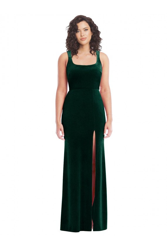 Affordable Trumpet Square Neck Stretch Velvet Long Dark Green Semi Formal Evening Dress Canada