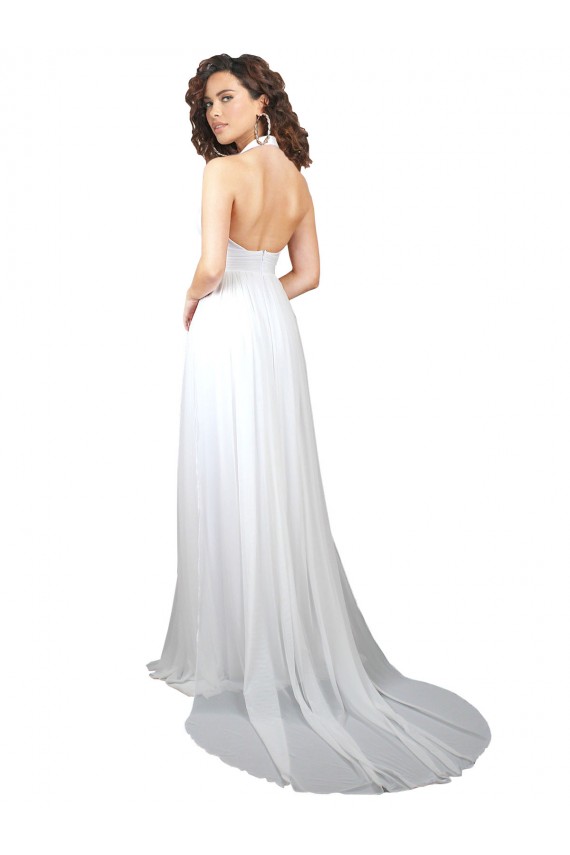 Affordable A-Line V-Neck Soft Chiffon Sweep Train White Semi Formal Evening Dress Canada